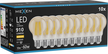 Mexen Vintis 10x żarówka filament LED E27, A60, 10W, Ciepła - 2700K, 910 lm, amber - L150-E27-1027-50x10