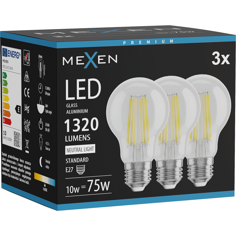Mexen Vintis 3x żarówka filament LED E27, A60, 10W, Neutralna - 4000K, 1320 lm, clear - L150-E27-1040-00x03