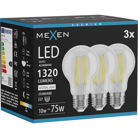 Mexen Vintis 3x żarówka filament LED E27, A60, 10W, Neutralna - 4000K, 1320 lm, clear - L150-E27-1040-00x03