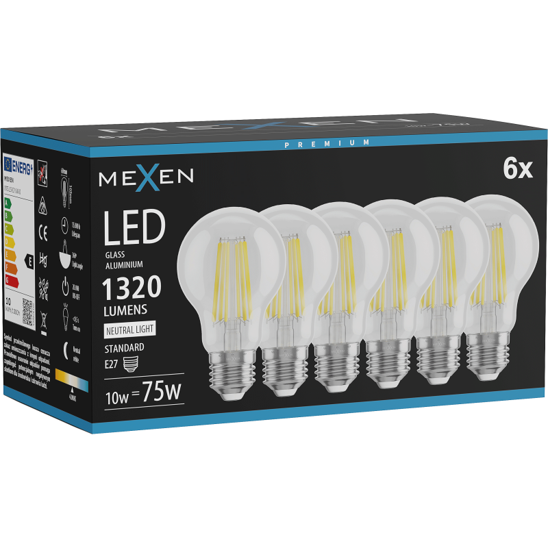 Mexen Vintis 6x żarówka filament LED E27, A60, 10W, Neutralna - 4000K, 1320 lm, clear - L150-E27-1040-00x06