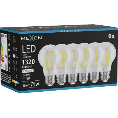 Mexen Vintis 6x żarówka filament LED E27, A60, 10W, Neutralna - 4000K, 1320 lm, clear - L150-E27-1040-00x06