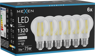 Mexen Vintis 6x żarówka filament LED E27, A60, 10W, Neutralna - 4000K, 1320 lm, clear - L150-E27-1040-00x06