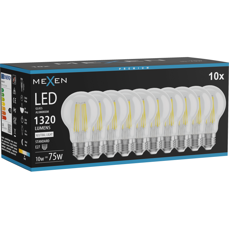 Mexen Vintis 10x żarówka filament LED E27, A60, 10W, Neutralna - 4000K, 1320 lm, clear - L150-E27-1040-00x10