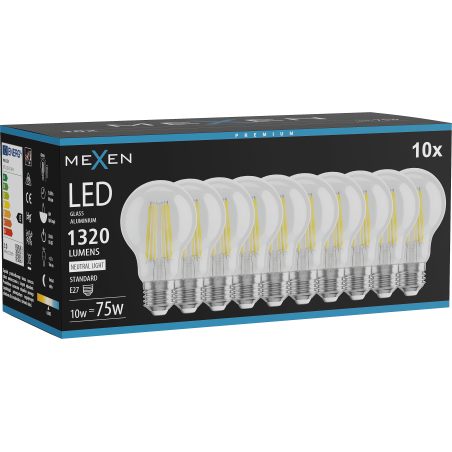 Mexen Vintis 10x żarówka filament LED E27, A60, 10W, Neutralna - 4000K, 1320 lm, clear - L150-E27-1040-00x10