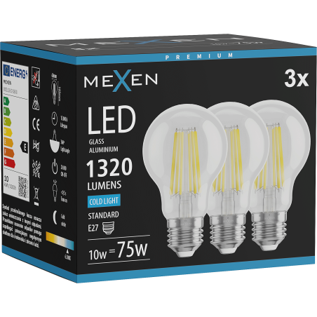 Mexen Vintis 3x żarówka filament LED E27, A60, 10W, Zimna - 6500K, 1320 lm, clear - L150-E27-1065-00x03