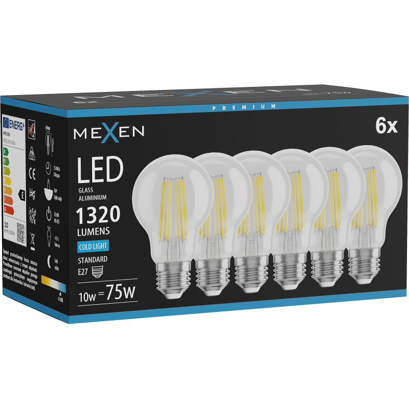 Mexen Vintis 6x żarówka filament LED E27, A60, 10W, Zimna - 6500K, 1320 lm, clear - L150-E27-1065-00x06