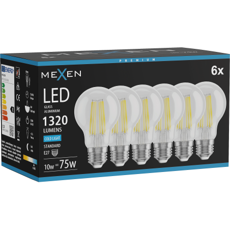 Mexen Vintis 6x żarówka filament LED E27, A60, 10W, Zimna - 6500K, 1320 lm, clear - L150-E27-1065-00x06