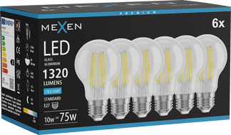 Mexen Vintis 6x żarówka filament LED E27, A60, 10W, Zimna - 6500K, 1320 lm, clear - L150-E27-1065-00x06