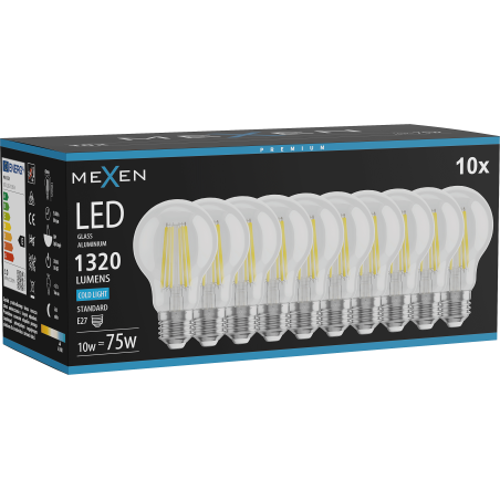 Mexen Vintis 10x żarówka filament LED E27, A60, 10W, Zimna - 6500K, 1320 lm, clear - L150-E27-1065-00x10