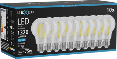 Mexen Vintis 10x żarówka filament LED E27, A60, 10W, Zimna - 6500K, 1320 lm, clear - L150-E27-1065-00x10
