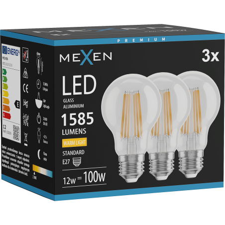 Mexen Vintis 3x żarówka filament LED E27, A60, 12W, Ciepła - 2700K, 1585 lm, clear - L150-E27-1227-00x03
