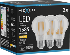 Mexen Vintis 3x żarówka filament LED E27, A60, 12W, Ciepła - 2700K, 1585 lm, clear - L150-E27-1227-00x03