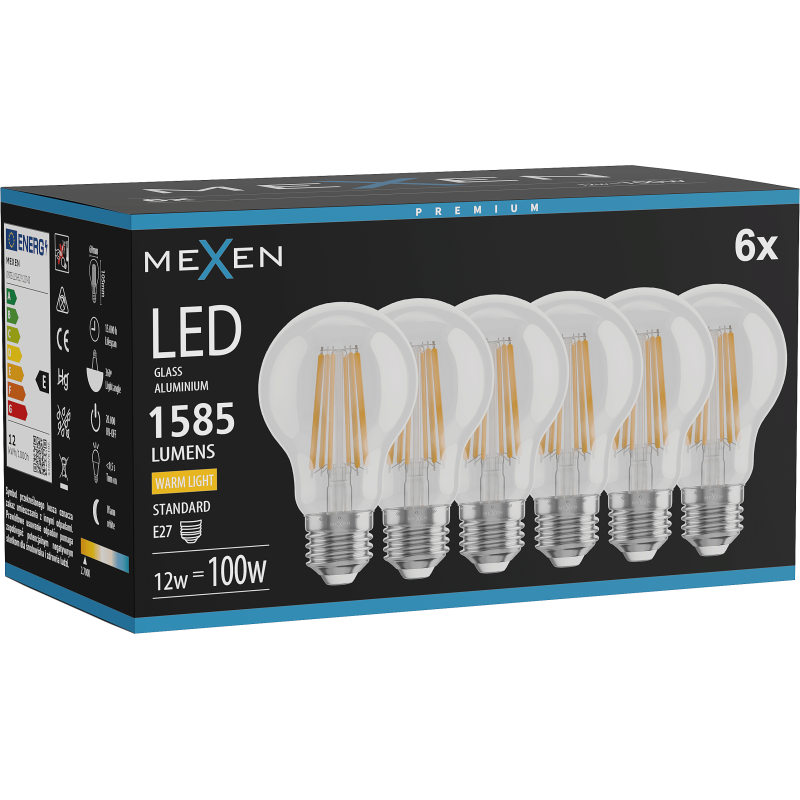 Mexen Vintis 6x żarówka filament LED E27, A60, 12W, Ciepła - 2700K, 1585 lm, clear - L150-E27-1227-00x06