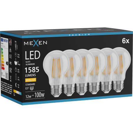 Mexen Vintis 6x żarówka filament LED E27, A60, 12W, Ciepła - 2700K, 1585 lm, clear - L150-E27-1227-00x06