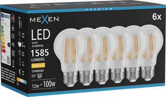 Mexen Vintis 6x żarówka filament LED E27, A60, 12W, Ciepła - 2700K, 1585 lm, clear - L150-E27-1227-00x06
