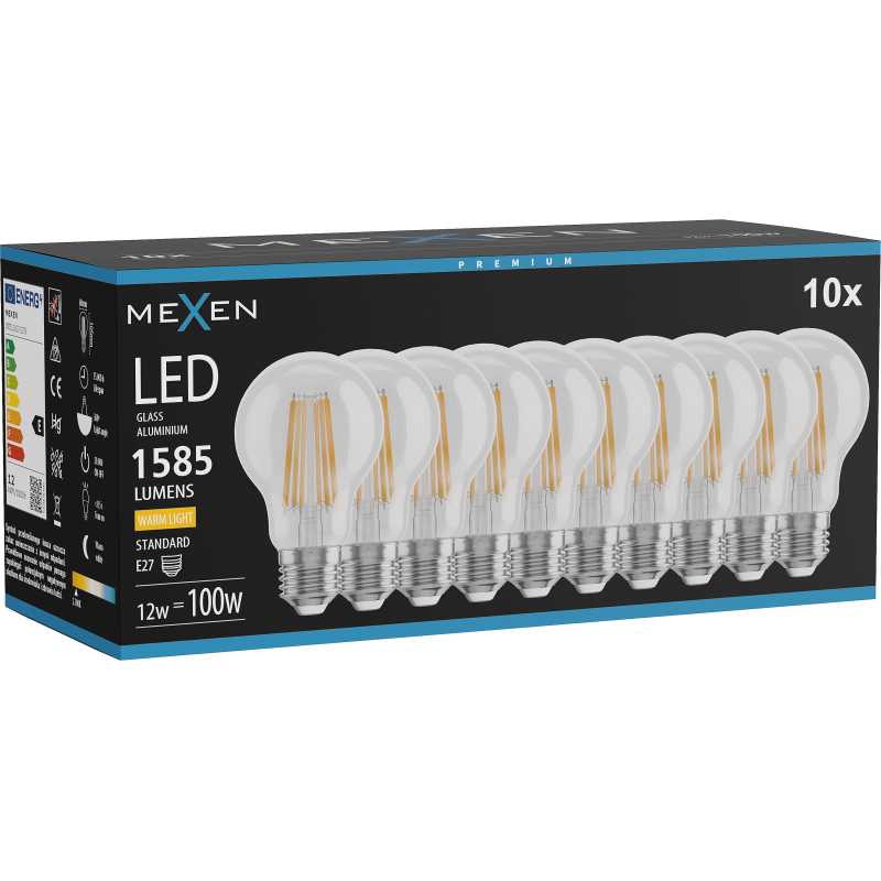 Mexen Vintis 10x żarówka filament LED E27, A60, 12W, Ciepła - 2700K, 1585 lm, clear - L150-E27-1227-00x10