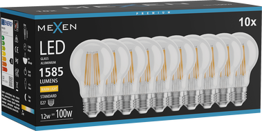 Mexen Vintis 10x żarówka filament LED E27, A60, 12W, Ciepła - 2700K, 1585 lm, clear - L150-E27-1227-00x10