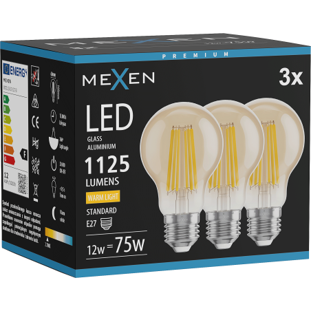 Mexen Vintis 3x żarówka filament LED E27, A60, 12W, Ciepła - 2700K, 1125 lm, amber - L150-E27-1227-50x03