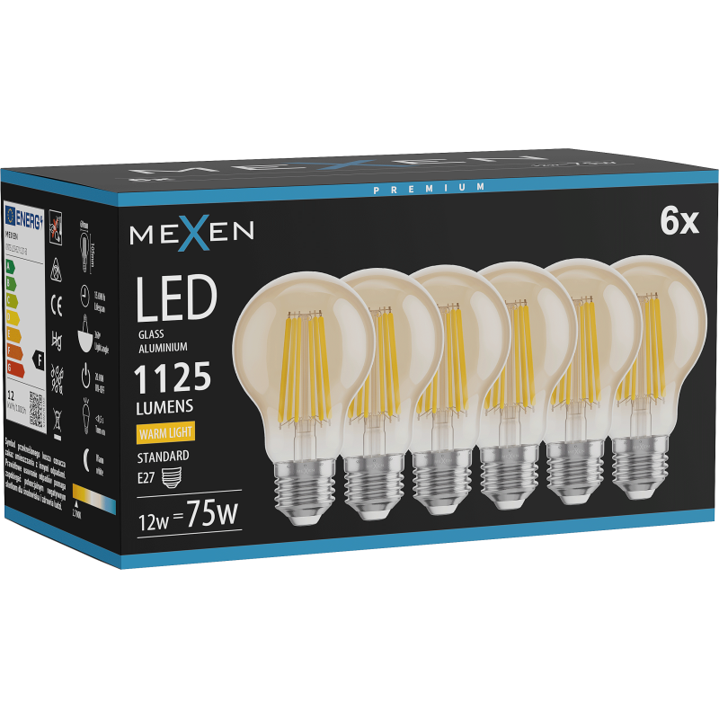 Mexen Vintis 6x żarówka filament LED E27, A60, 12W, Ciepła - 2700K, 1125 lm, amber - L150-E27-1227-50x06