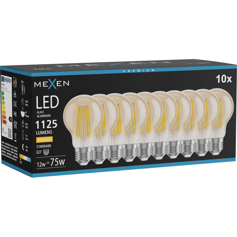 Mexen Vintis 10x żarówka filament LED E27, A60, 12W, Ciepła - 2700K, 1125 lm, amber - L150-E27-1227-50x10