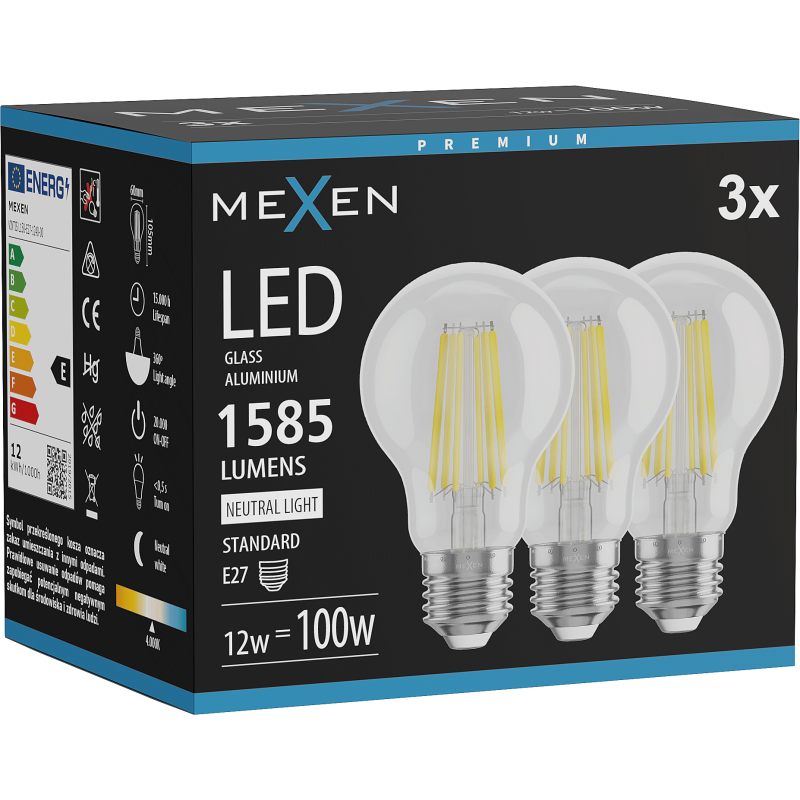 Mexen Vintis 3x żarówka filament LED E27, A60, 12W, Neutralna - 4000K, 1585 lm, clear - L150-E27-1240-00x03