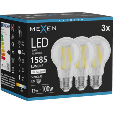 Mexen Vintis 3x żarówka filament LED E27, A60, 12W, Neutralna - 4000K, 1585 lm, clear - L150-E27-1240-00x03