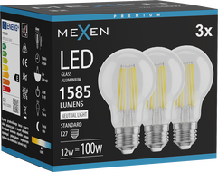 Mexen Vintis 3x żarówka filament LED E27, A60, 12W, Neutralna - 4000K, 1585 lm, clear - L150-E27-1240-00x03