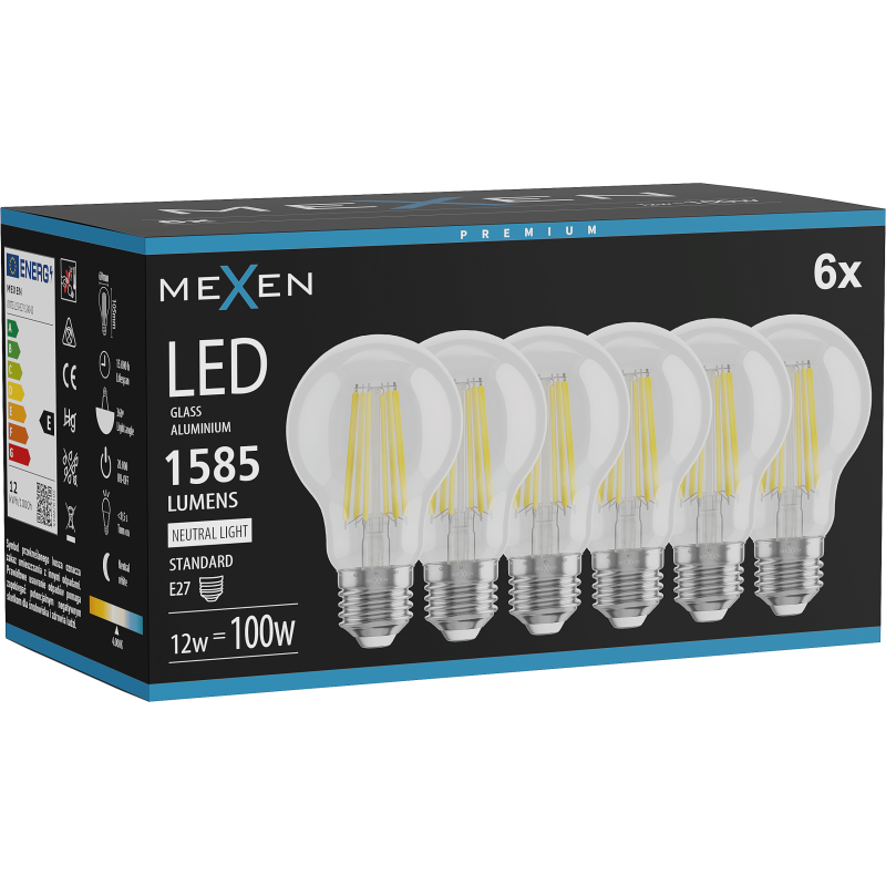 Mexen Vintis 6x żarówka filament LED E27, A60, 12W, Neutralna - 4000K, 1585 lm, clear - L150-E27-1240-00x06
