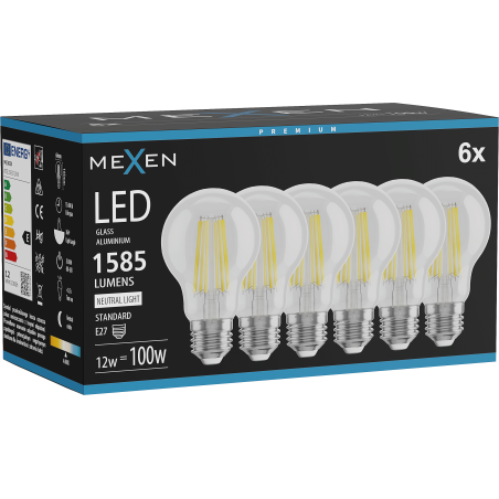 Mexen Vintis 6x żarówka filament LED E27, A60, 12W, Neutralna - 4000K, 1585 lm, clear - L150-E27-1240-00x06
