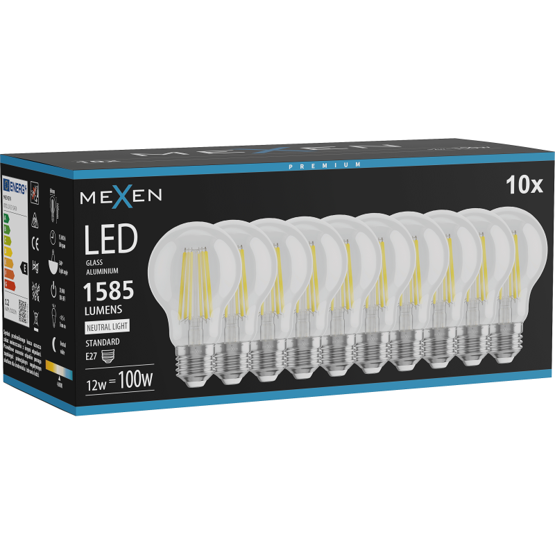Mexen Vintis 10x żarówka filament LED E27, A60, 12W, Neutralna - 4000K, 1585 lm, clear - L150-E27-1240-00x10