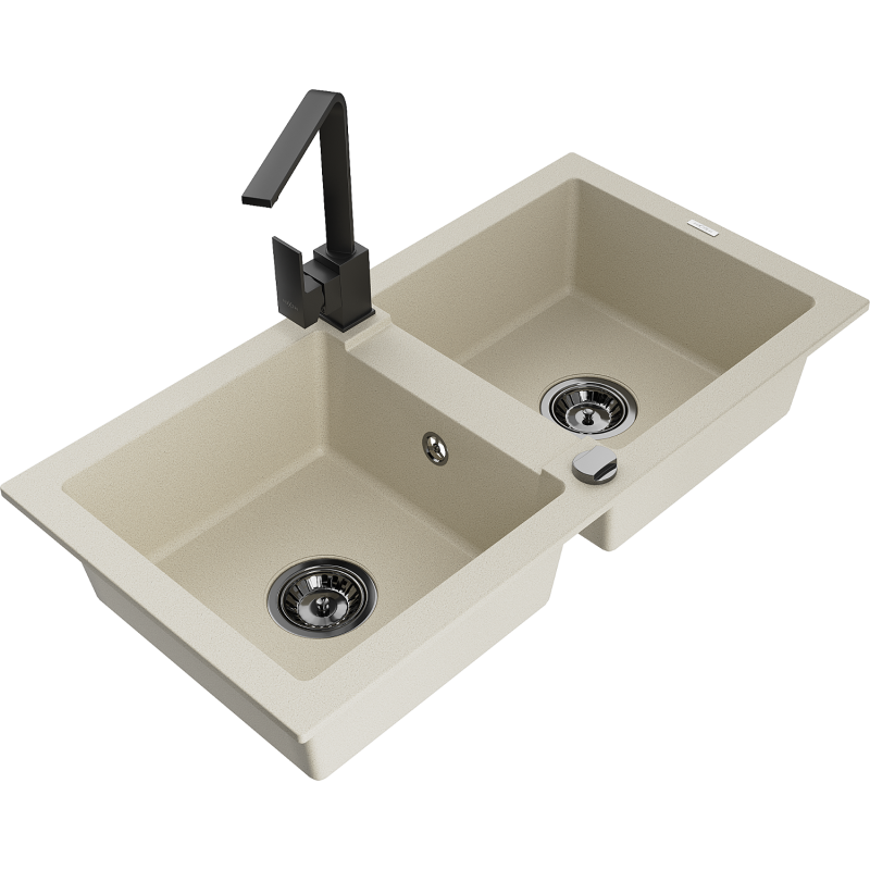 Mexen Mario zlewozmywak granitowy 2-komorowy z baterią kuchenną Rita, beżowy - 6504-69-670300-70