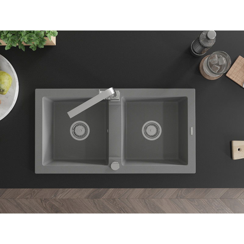Mexen Mario zlewozmywak granitowy 2-komorowy z baterią kuchenną Rita, szary - 6504-71-670300-00