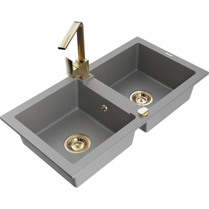 Mexen Mario zlewozmywak granitowy 2-komorowy z baterią kuchenną Rita, szary - 6504-71-670300-50