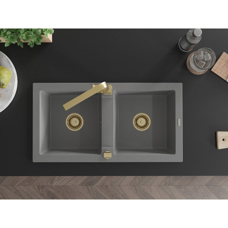 Mexen Mario zlewozmywak granitowy 2-komorowy z baterią kuchenną Rita, szary - 6504-71-670300-50