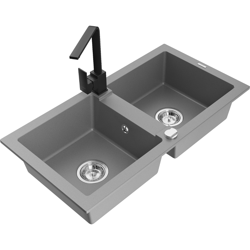 Mexen Mario zlewozmywak granitowy 2-komorowy z baterią kuchenną Rita, szary - 6504-71-670300-70