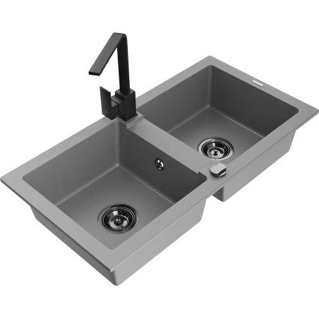 Mexen Mario zlewozmywak granitowy 2-komorowy z baterią kuchenną Rita, szary - 6504-71-670300-70-B