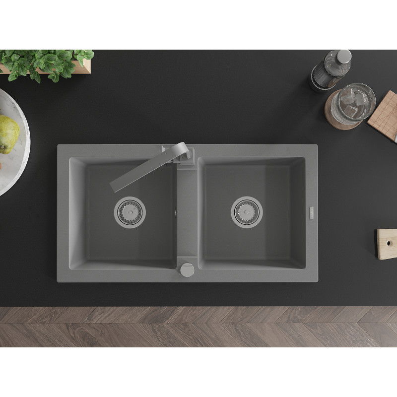 Mexen Mario zlewozmywak granitowy 2-komorowy z baterią kuchenną Rita, szary - 6504-71-670300-71