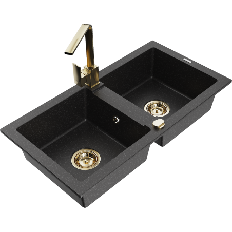 Mexen Mario zlewozmywak granitowy 2-komorowy z baterią kuchenną Rita, czarny/srebrny metalik - 6504-73-670300-50