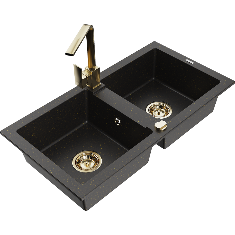 Mexen Mario zlewozmywak granitowy 2-komorowy z baterią kuchenną Rita, czarny/złoty metalik - 6504-75-670300-50