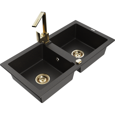 Mexen Mario zlewozmywak granitowy 2-komorowy z baterią kuchenną Rita, czarny/złoty metalik - 6504-75-670300-50