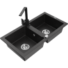 Mexen Mario zlewozmywak granitowy 2-komorowy z baterią kuchenną Rita, czarny/złoty metalik - 6504-75-670300-70