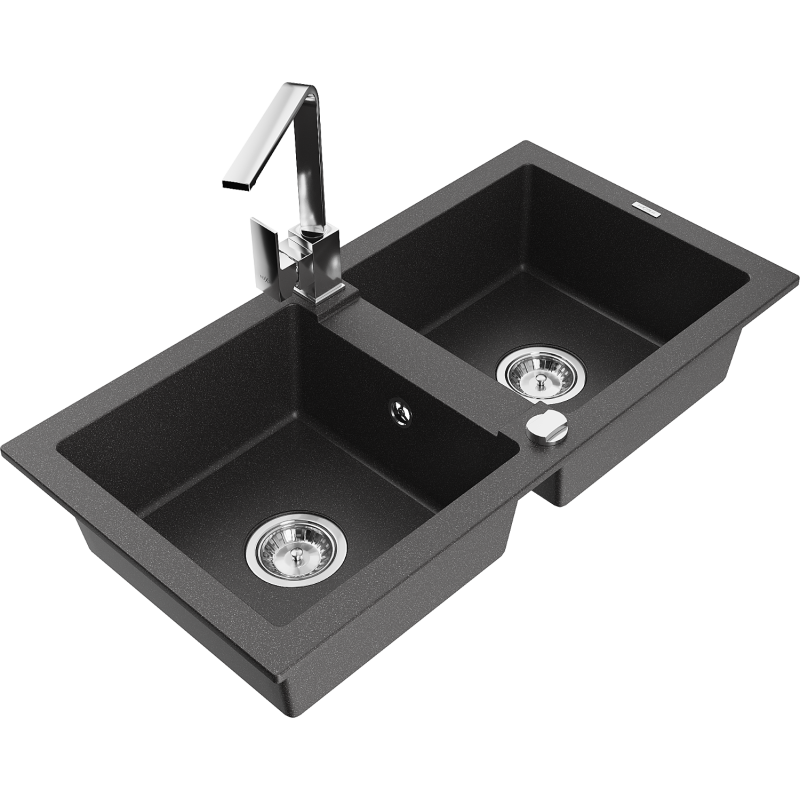 Mexen Mario zlewozmywak granitowy 2-komorowy z baterią kuchenną Rita, czarny nakrapiany - 6504-76-670300-00
