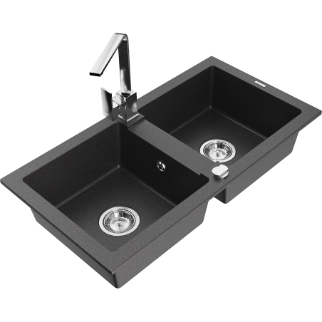 Mexen Mario zlewozmywak granitowy 2-komorowy z baterią kuchenną Rita, czarny nakrapiany - 6504-76-670300-00