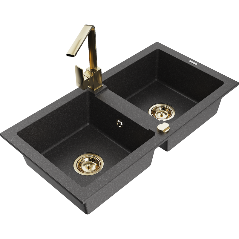 Mexen Mario zlewozmywak granitowy 2-komorowy z baterią kuchenną Rita, czarny nakrapiany - 6504-76-670300-50