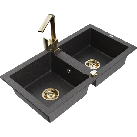 Mexen Mario zlewozmywak granitowy 2-komorowy z baterią kuchenną Rita, czarny nakrapiany - 6504-76-670300-50