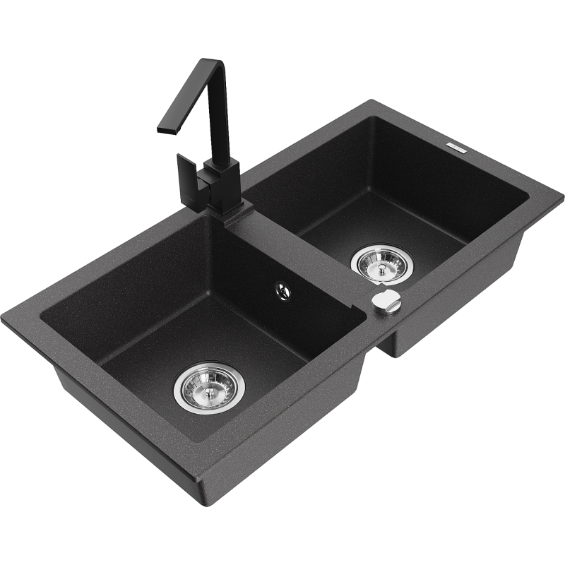 Mexen Mario zlewozmywak granitowy 2-komorowy z baterią kuchenną Rita, czarny nakrapiany - 6504-76-670300-70