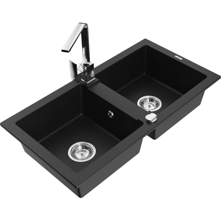 Mexen Mario zlewozmywak granitowy 2-komorowy z baterią kuchenną Rita, czarny - 6504-77-670300-00