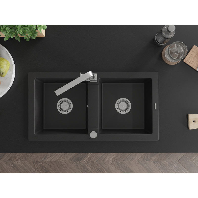 Mexen Mario zlewozmywak granitowy 2-komorowy z baterią kuchenną Rita, czarny - 6504-77-670300-00