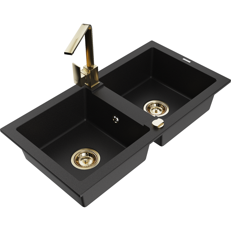 Mexen Mario zlewozmywak granitowy 2-komorowy z baterią kuchenną Rita, czarny - 6504-77-670300-50