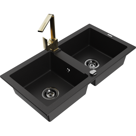 Mexen Mario zlewozmywak granitowy 2-komorowy z baterią kuchenną Rita, czarny - 6504-77-670300-50-B